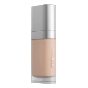 Flüssige Foundation in transparentem Spender mit silbernem Verschluss und r.e.m. beauty Branding.