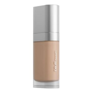 Beigefarbene Foundation-Flasche mit silbernem Deckel und r.e.m.beauty-Logo.