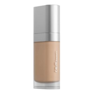 Beige Foundationflasche mit silbernem Deckel und r.e.m. beauty-Logo.