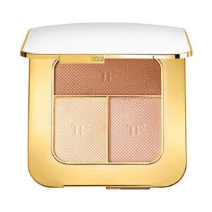 Goldene Kosmetikpalette mit drei schimmernden Pudertönen vor weißem Hintergrund.