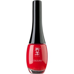 Roter Nagellack in einer durchsichtigen Flasche mit schwarzem Deckel.