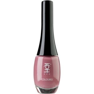 Rosa Nagellackflasche mit schwarzem Deckel und KOH-Logo.