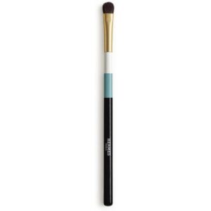 Schminkpinsel mit schwarzem Griff, goldener Halterung und braunen Borsten.