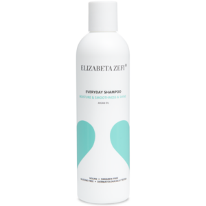 Weiße Shampooflasche mit türkisen Akzenten und Produktinformationen.