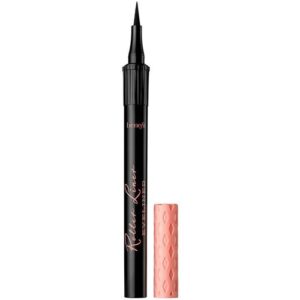 Schwarzer Eyeliner-Stift mit abgesetzter rosa Kappe auf weißem Hintergrund.