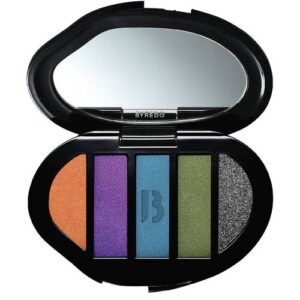 Fünfteilige Lidschattenpalette mit Spiegel in Schwarz und bunten Farben.