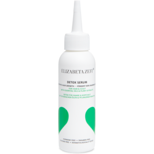 Weiße Flasche Detox-Serum mit grünen Details und Textaufdruck auf Vorderseite.