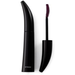 Schwarze, geschwungene Mascara mit geöffnetem Deckel und gebogener Bürste.
