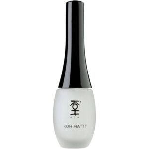 Weiße Nagellackflasche mit schwarzem Deckel und KOH-Aufschrift.