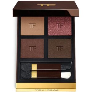 Lidschattenpalette mit vier Farben und zwei Applikatoren, braune und pinke Töne.
