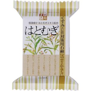 Japanische Seifenverpackung mit Pflanzenmotiv und Schriftzeichen auf beigem Hintergrund.