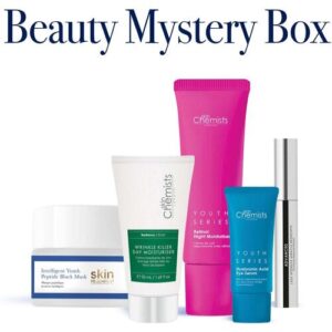 Verschiedene Hautpflegeprodukte vor weißem Hintergrund mit Schriftzug "Beauty Mystery Box".