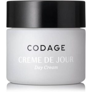 Weiße Cremedose mit schwarzem Deckel, beschriftet mit "Codage, Creme de Jour".
