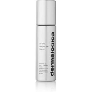 Silberne Flasche Dermalogica Smart Response Serum mit schwarzem Text.