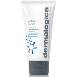 Weiße Tube Dermalogica Feuchtigkeitscreme mit schwarzem Schriftzug und Molekül-Grafik.