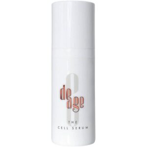 Weiße Flasche mit Aufdruck "de age The Cell Serum" in orange und schwarz.