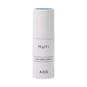 Weiße Flasche eines Serums mit der Aufschrift "Muti High Impact Serum".