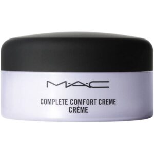 Runde weiße Cremedose mit schwarzem Deckel, Aufschrift MAC Complete Comfort Creme.