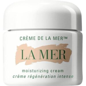 Weißer Tiegel mit der Aufschrift "Crème de La Mer" und "moisturizing cream".
