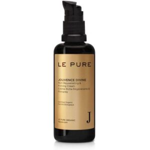 Schwarze Flasche mit goldenem Etikett und Spender, beschriftet mit "Le Pure Jouvence Divine".