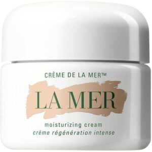 Weißer Tiegel mit La Mer-Logo und beige-grüner Aufschrift.