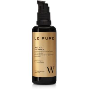 Schwarze Flasche mit goldener Etikette, Produktname "Le Pure Way to Radiance".