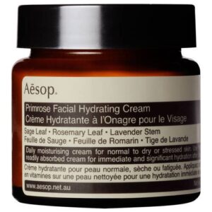 Braunes Glasgefäß mit Etikett der Aesop Primrose Facial Hydrating Cream.