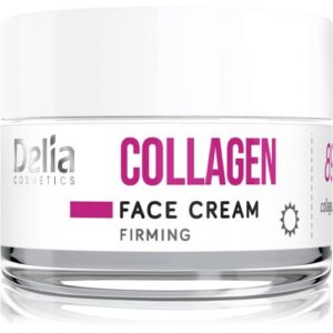 Glasbehälter mit Delia Collagen Gesichtscreme für straffende Wirkung.