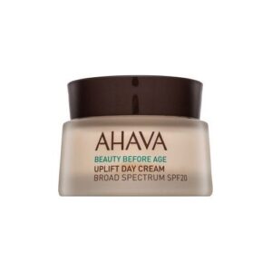 Cremebehälter mit brauner Kappe, Aufdruck "AHAVA", "Beauty Before Age", "Uplift Day Cream", SPF20.