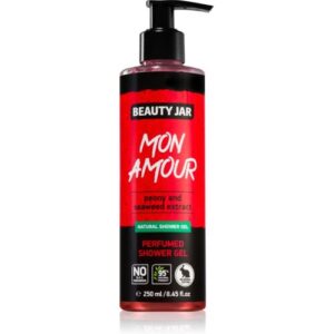 Rote Duschgel-Flasche von Beauty Jar mit schwarzem Pumpspender, 250 ml Volumen.