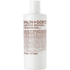 Weiße Shampooflasche mit Textaufdruck und Pefferminzbeschreibung.