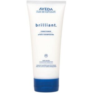 Weiße Tube Aveda Brilliant Conditioner mit blauem Deckel und Aufschrift.