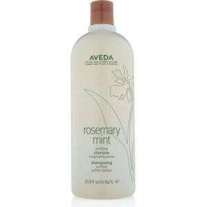 Eine große Flasche Aveda Rosemary Mint Shampoo mit Pflanzenmotiv.