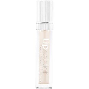 Transparenter Lipgloss-Flakon mit silbernem Deckel und Beschriftung.