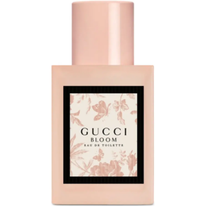 Quadratische Parfumflasche mit rosa Etikett und schwarzem Rand.