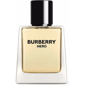 Rechteckiger Parfumflakon aus Glas mit schwarzem Deckel und Burberry Hero Aufdruck.