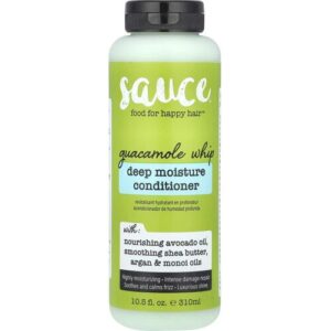 Grüner Haarconditioner mit schwarzem Deckel und Etikettenaufdruck Sauce Guacamole Whip.