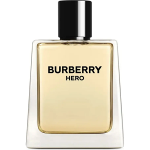 Parfumflasche von Burberry mit der Aufschrift "Hero" und schwarzem Verschluss.
