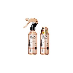 Zwei Lux Styling Produkte in transparenten Flaschen mit goldenem Design.