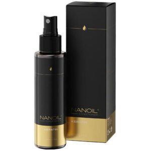 Schwarze Sprühflasche und Verpackung mit Nanoil Keratin-Logo