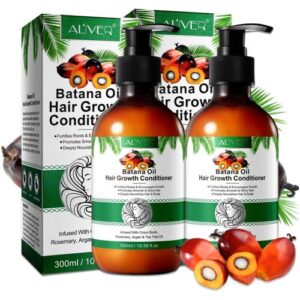 Zwei Flaschen Batana-Öl Conditioner für Haarwachstum vor Verpackung mit Palmnuss und Arganöl.