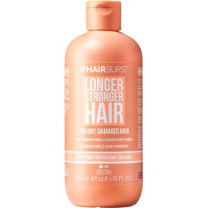 Orangefarbene Flasche eines Conditioners für trockenes, geschädigtes Haar mit 350 ml Inhalt.