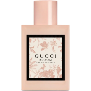 Rechteckige rosa Flasche mit floralem Muster und Gucci Bloom Aufschrift.