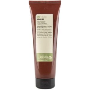 Braune Haarstyling-Gel-Tube mit Etikett und schwarzem Verschluss, Markenname sichtbar.