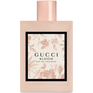 Rosa Parfümflasche Gucci Bloom mit floralem Etikett in rechteckiger Form.