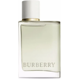 Klare Parfümflasche mit weißem Deckel und Burberry-Logo.