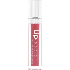 Transparente Lipgloss-Flasche mit rosa Inhalt und silberner Kappe.