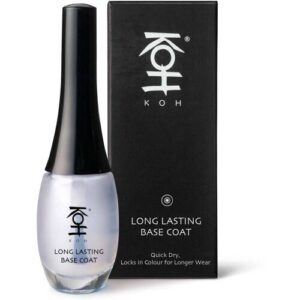 Nagellackflasche von Koh neben schwarzer Verpackung mit Logo.
