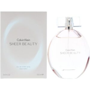 Calvin Klein Sheer Beauty Parfümflasche und Verpackung auf weißem Hintergrund.