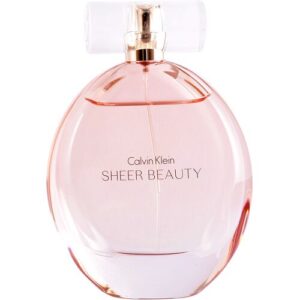 Parfümflasche von Calvin Klein Sheer Beauty, mit ovalem Design und transparentem Verschluss.